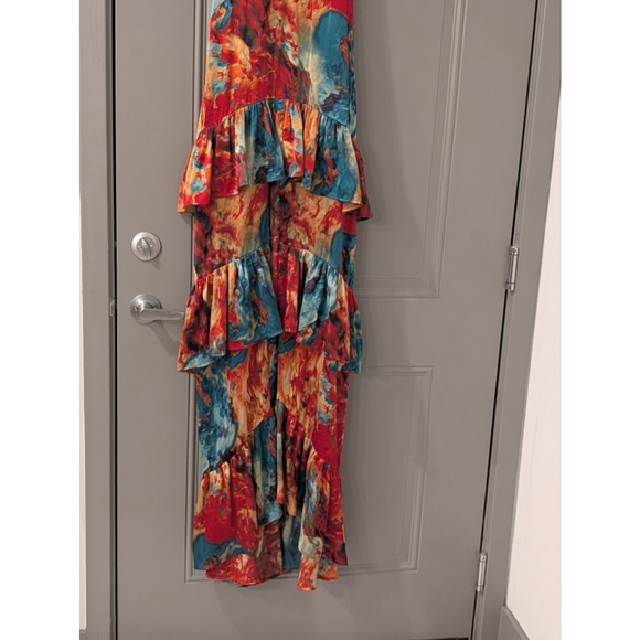 Women's NOVALUXE Small Red Blue Abstract Tiered Ruffle Maxi Dress - Picture 3 of 14